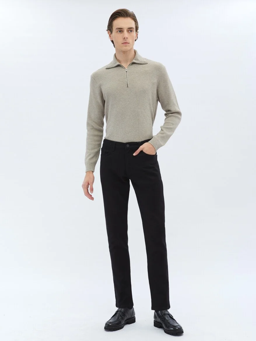 Siyah Dokuma Slim Fit Casual Pamuk Karışımlı Pantolon - 1