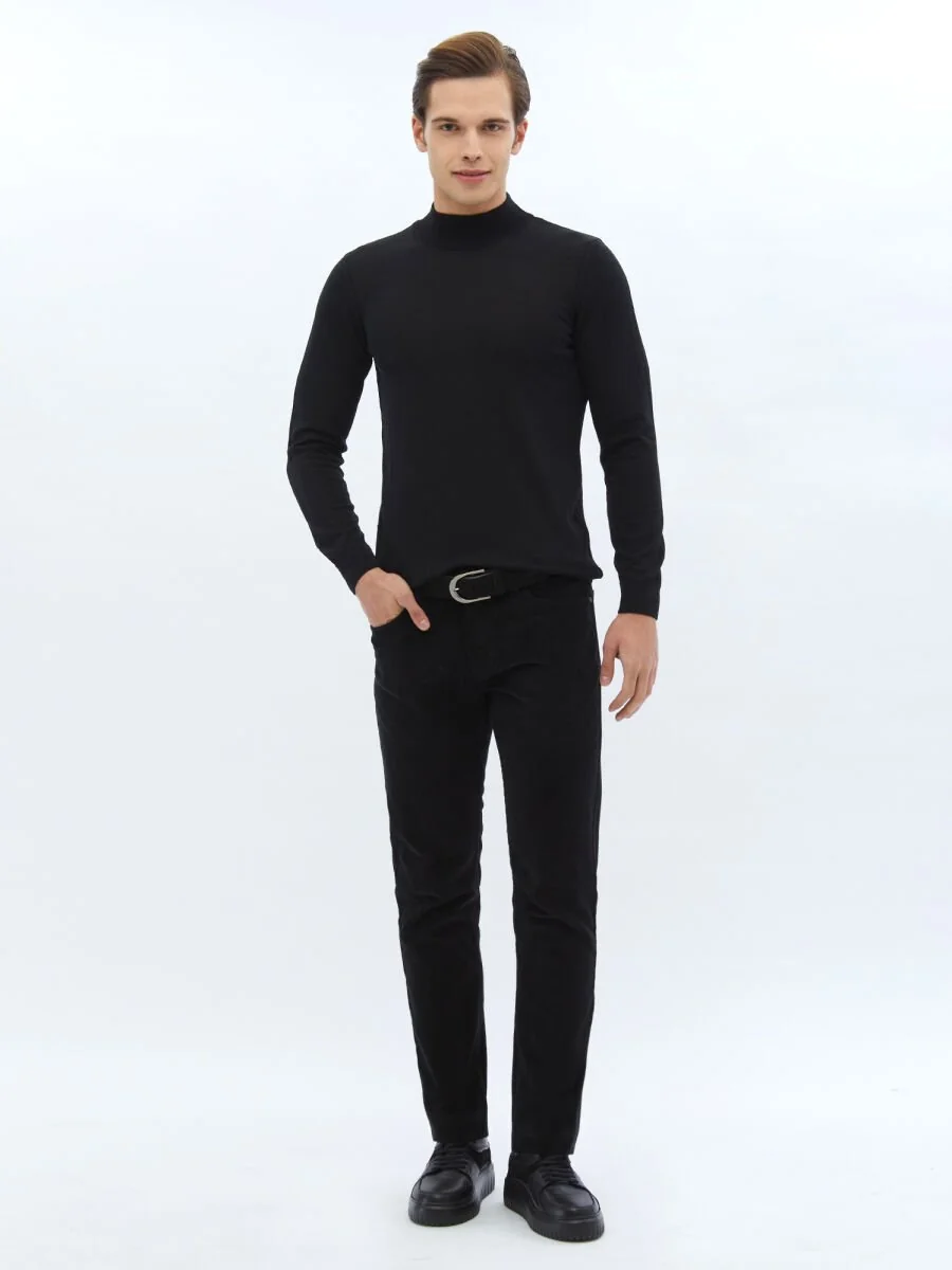 Siyah Dokuma Slim Fit Kadife Casual Pamuk Karışımlı Pantolon - 1