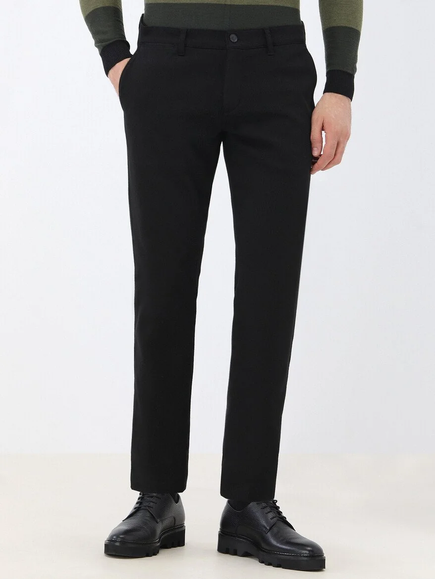 Siyah Dokuma Slim Fit Smart Casual Pamuk Karışımlı Pantolon - 1