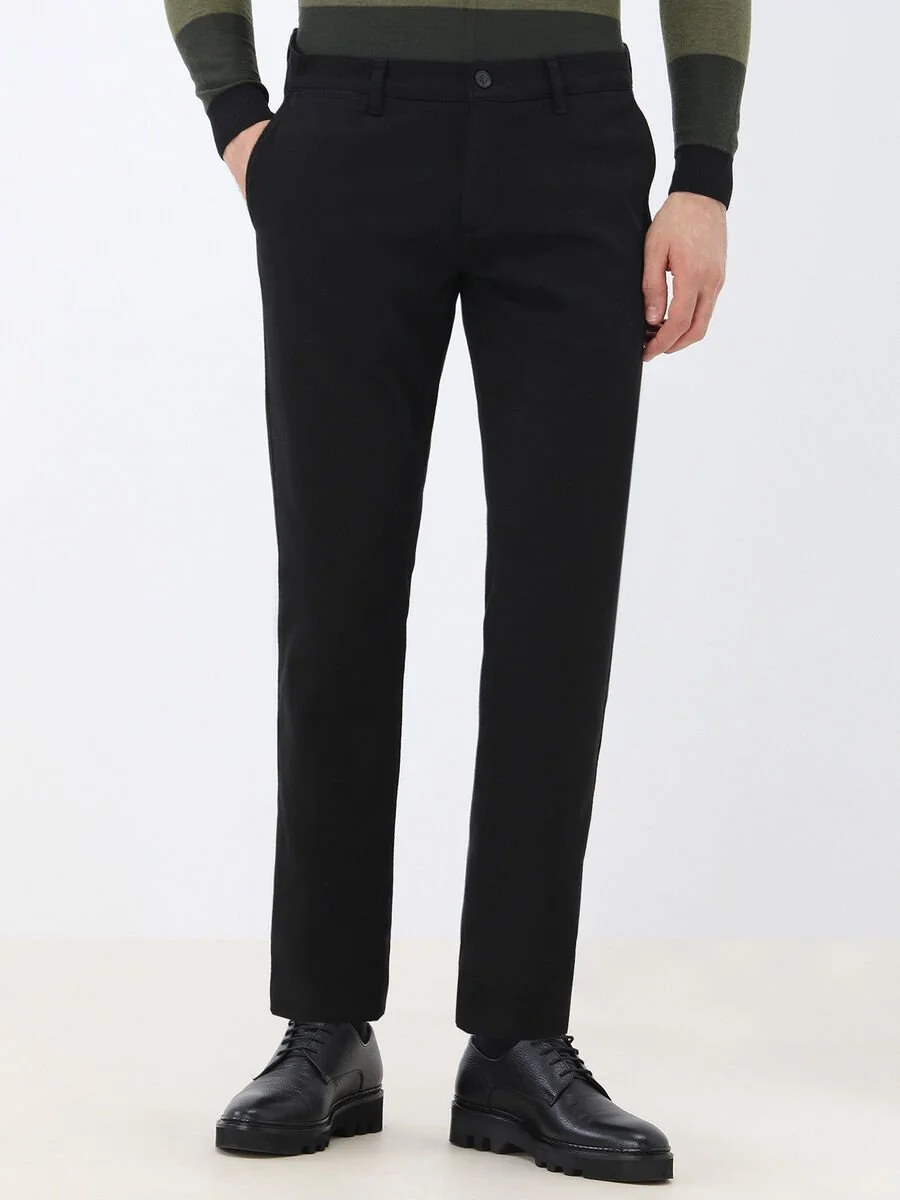Siyah Dokuma Slim Fit Smart Casual Pamuk Karışımlı Pantolon - 1