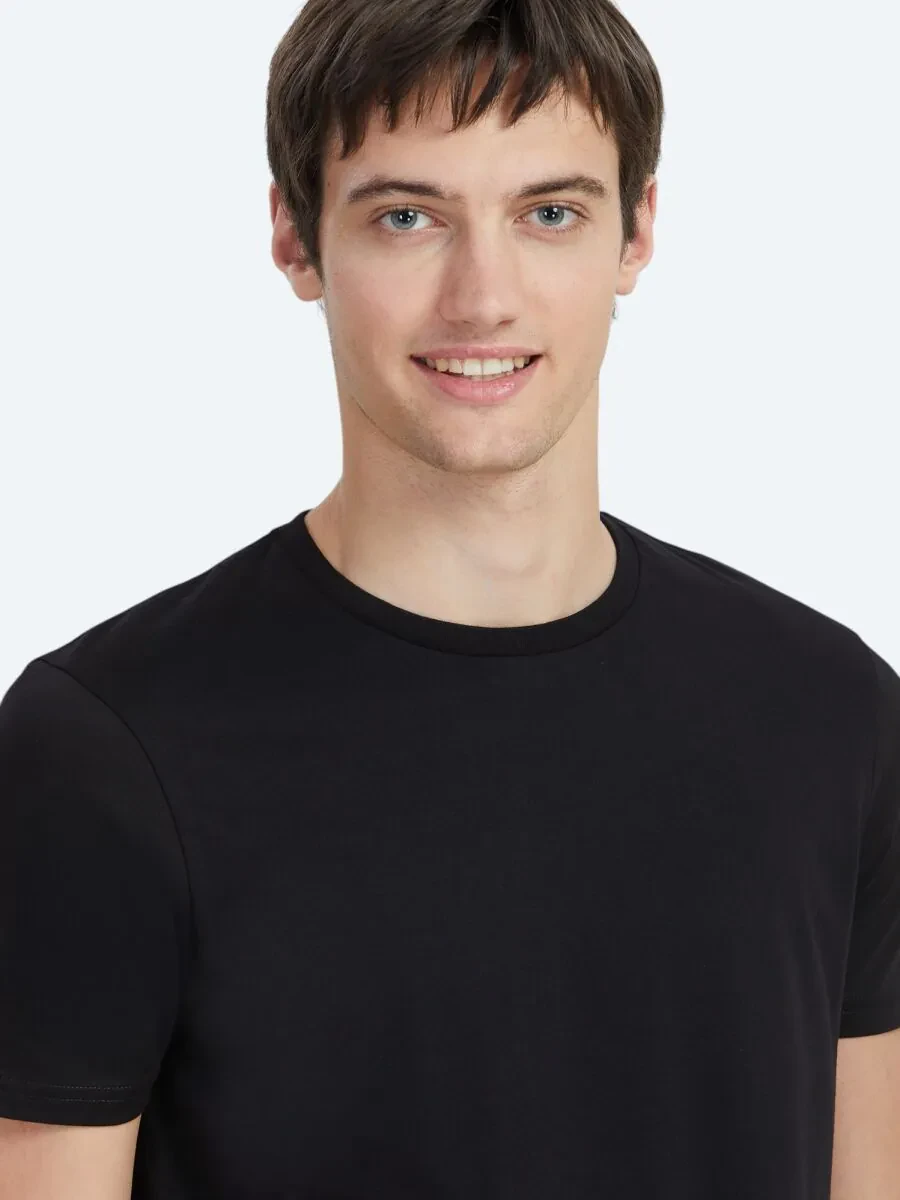 Siyah Düz Bisiklet Yaka %100 Pamuk T-Shirt - 3