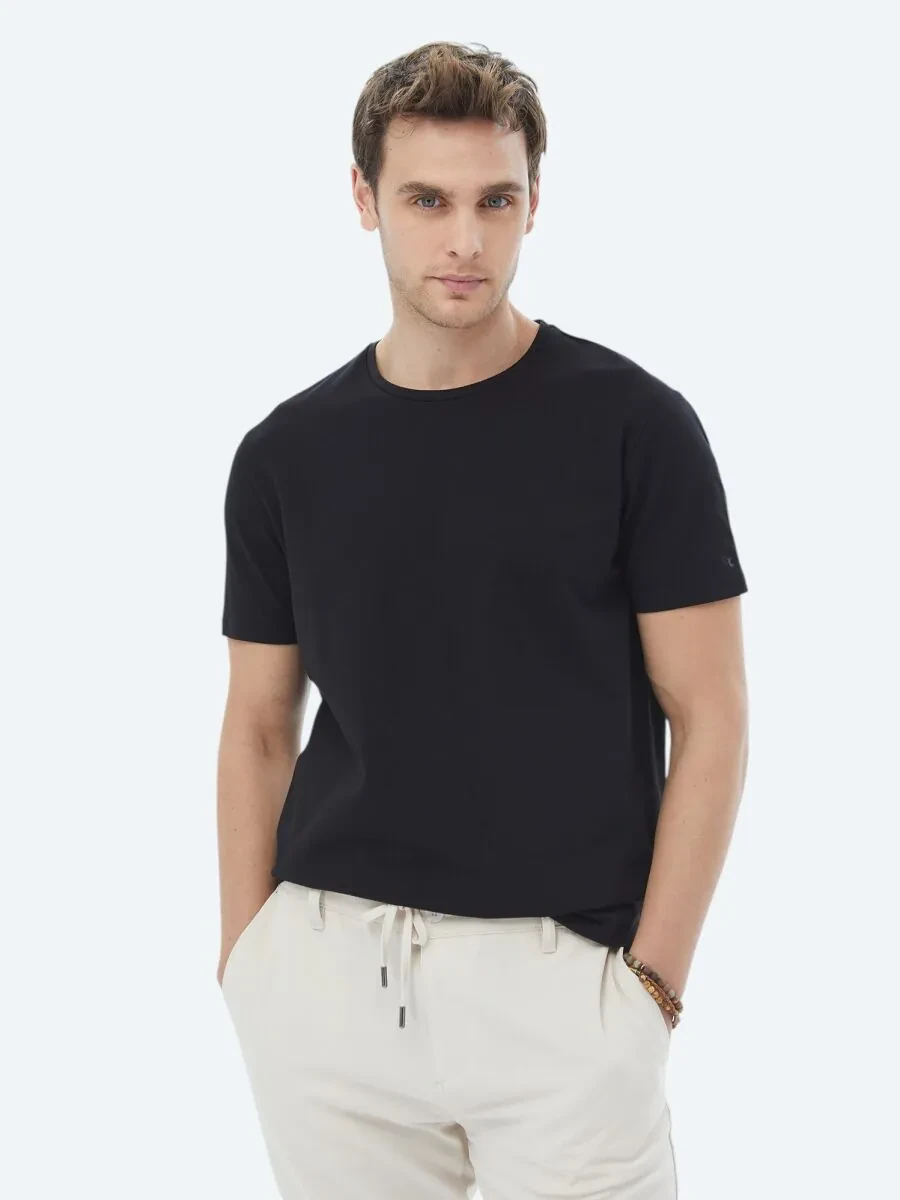 Siyah Düz Bisiklet Yaka Pamuk Karışımlı T-Shirt - 1