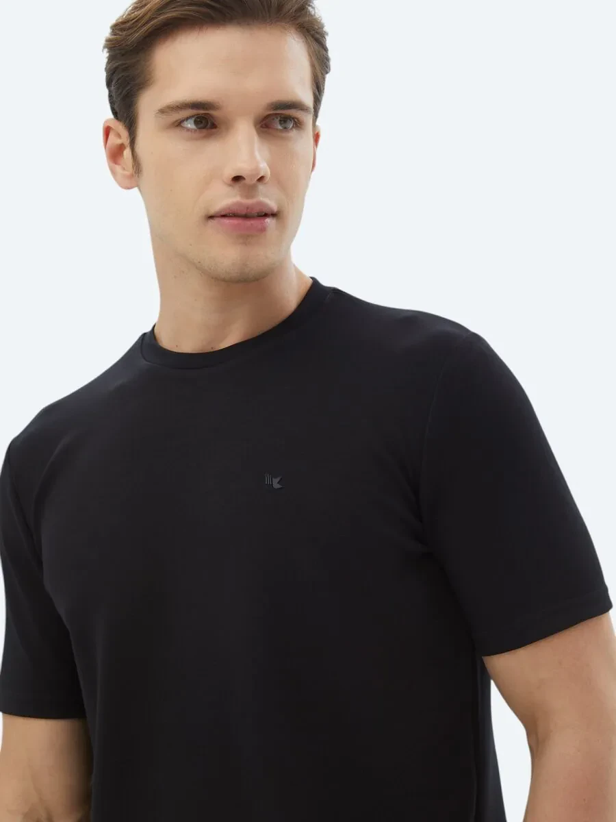 Siyah Düz Bisiklet Yaka T-Shirt - 3