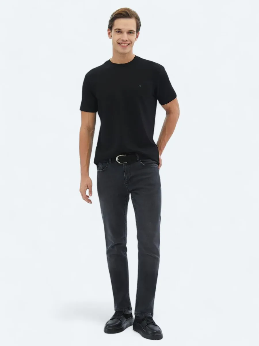 Siyah Düz Bisiklet Yaka T-Shirt - 1