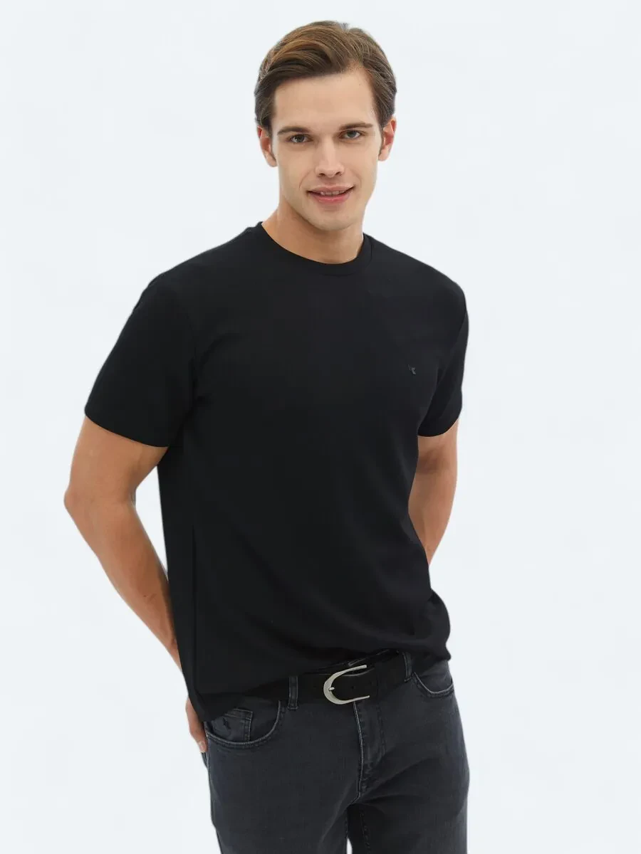 Siyah Düz Bisiklet Yaka T-Shirt - 2