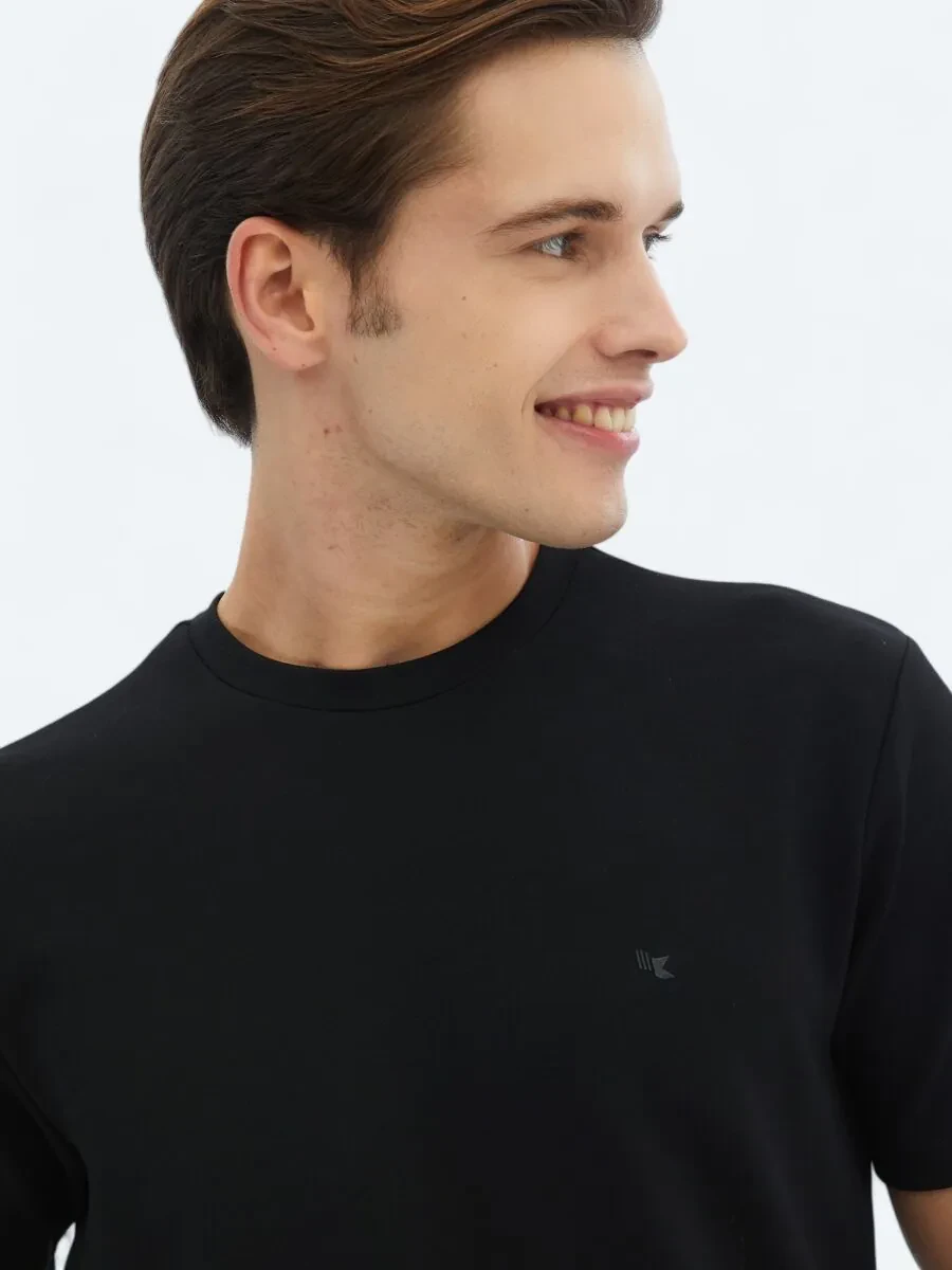 Siyah Düz Bisiklet Yaka T-Shirt - 3