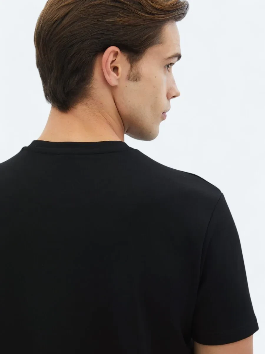 Siyah Düz Bisiklet Yaka T-Shirt - 4