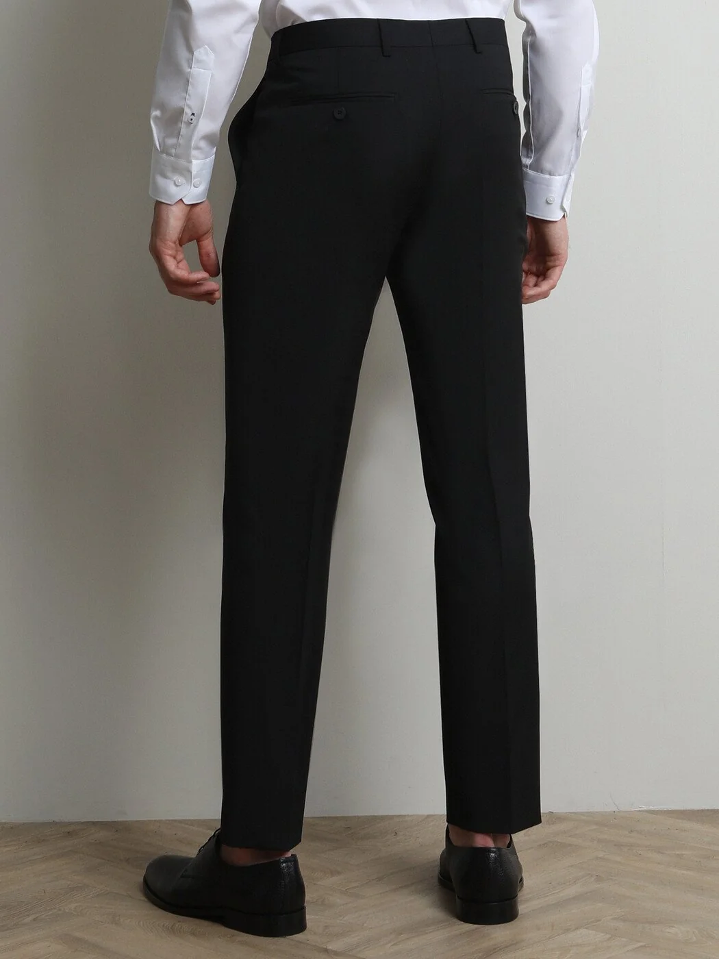 Siyah Düz Dokuma Fitted Fit Klasik Yün Karışımlı Pantolon - 4
