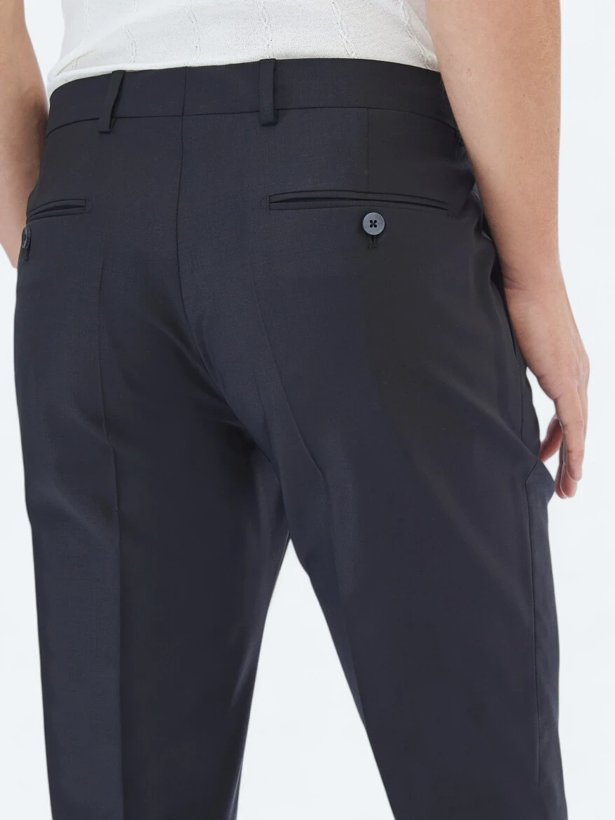 Siyah Düz Dokuma Fitted Fit Klasik Yün Karışımlı Pantolon - 4