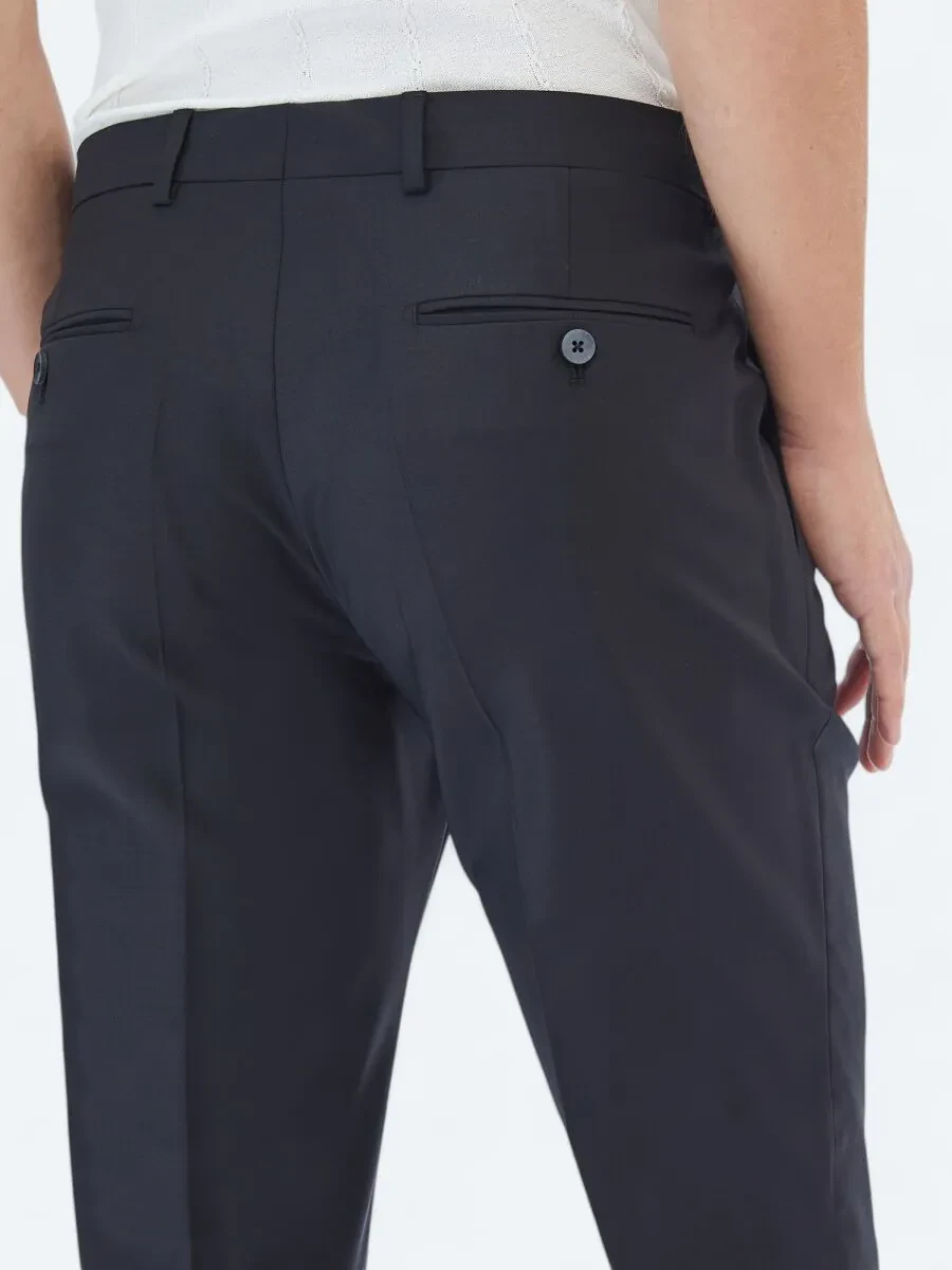 Siyah Düz Dokuma Fitted Fit Klasik Yün Karışımlı Pantolon - 4