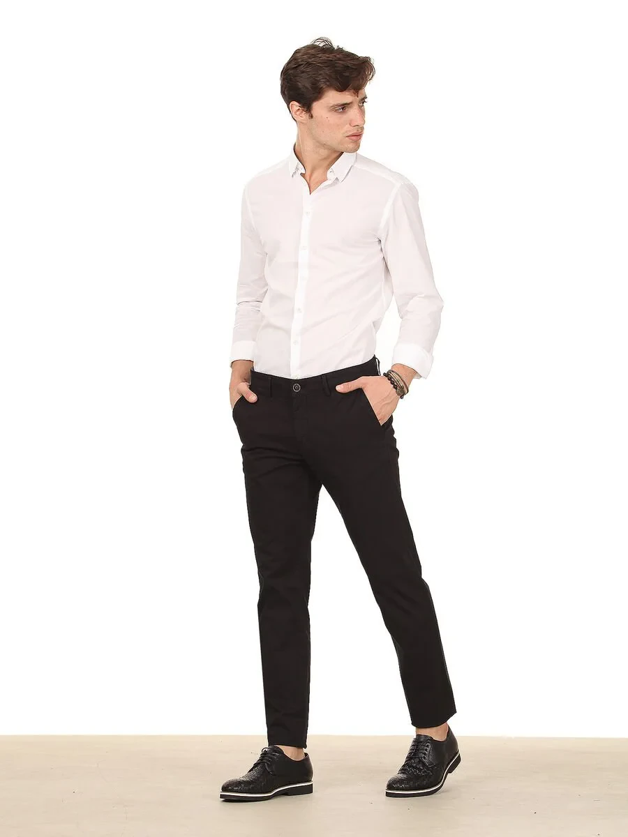 Siyah Düz Dokuma Regular Fit Casual Pamuk Karışımlı Pantolon - 3