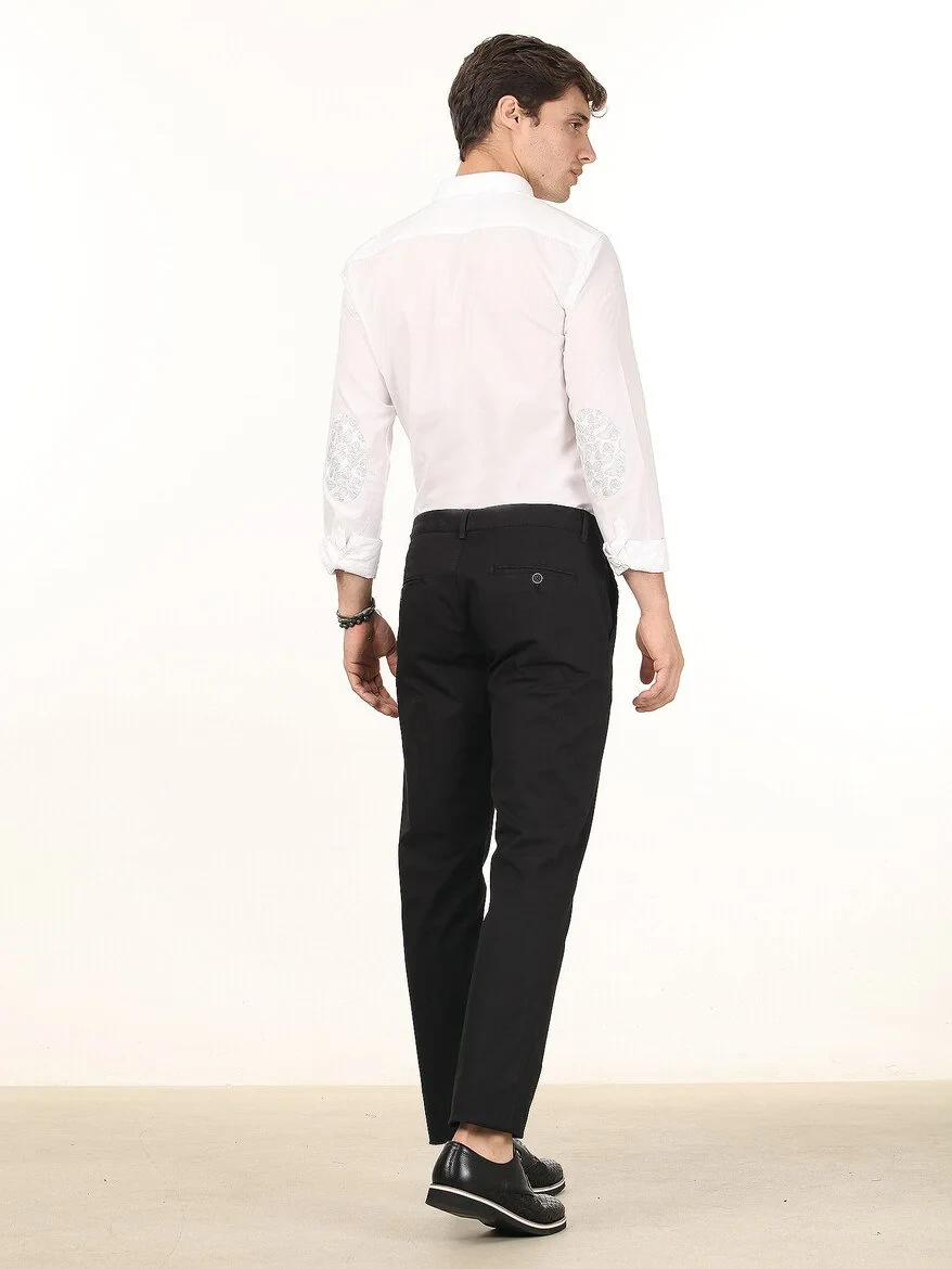 Siyah Düz Dokuma Regular Fit Casual Pamuk Karışımlı Pantolon - 4