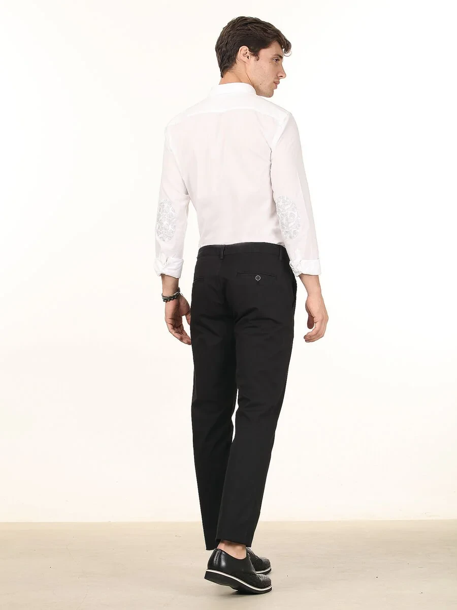Siyah Düz Dokuma Regular Fit Casual Pamuk Karışımlı Pantolon - 4