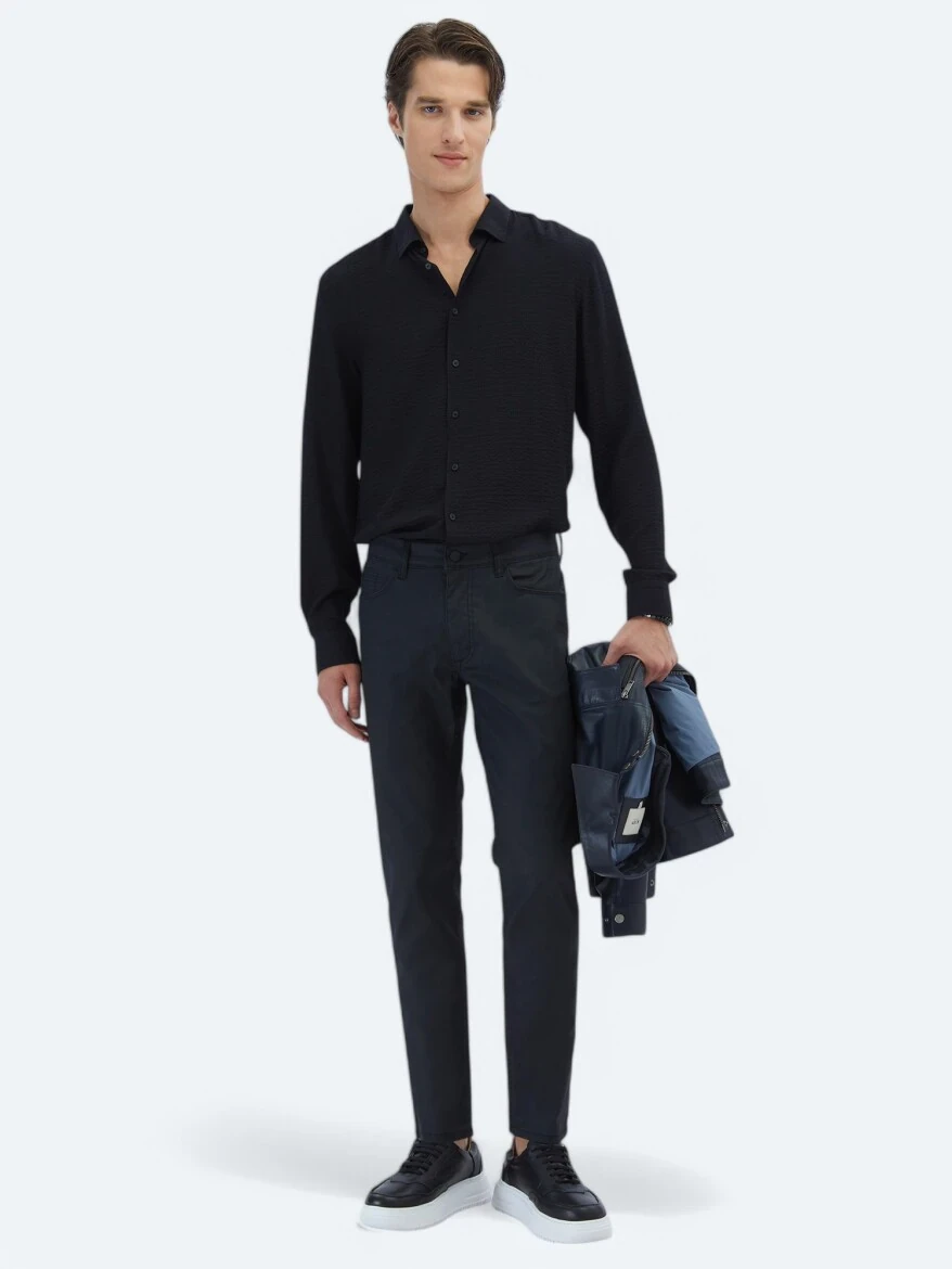Siyah Düz Dokuma Slim Fit Casual Pamuk Karışımlı Pantolon - 1