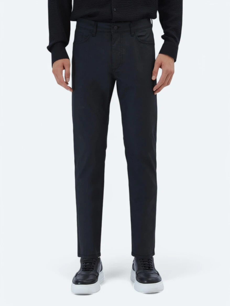 Siyah Düz Dokuma Slim Fit Casual Pamuk Karışımlı Pantolon - 2