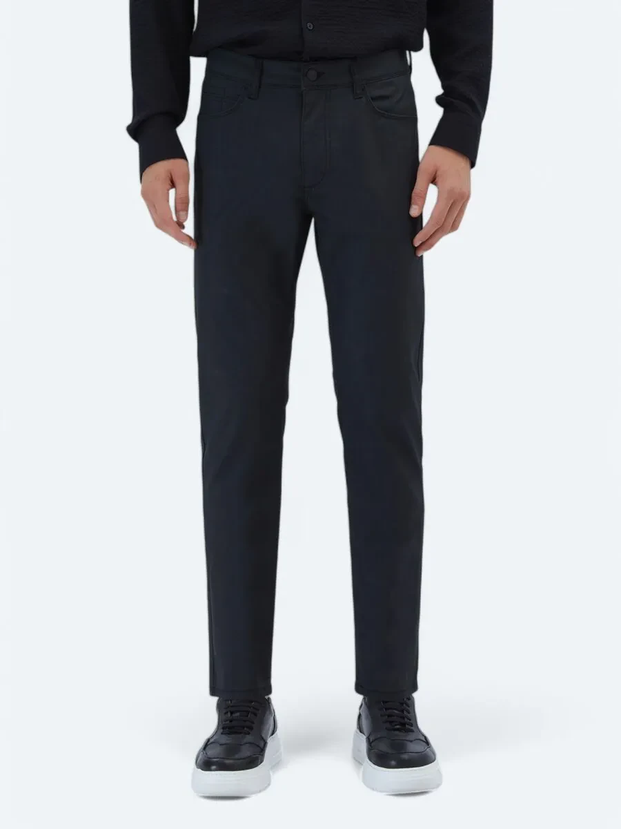 Siyah Düz Dokuma Slim Fit Casual Pamuk Karışımlı Pantolon - 2