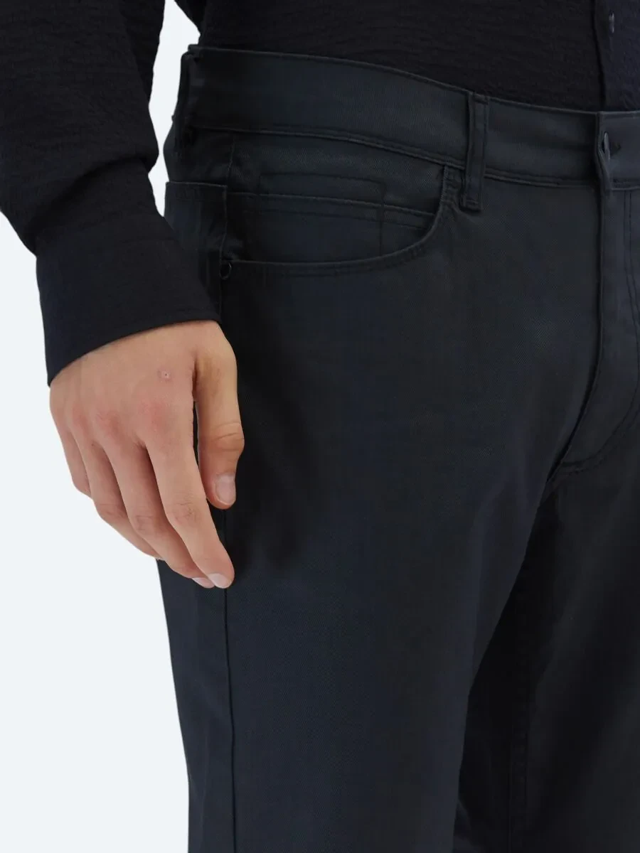 Siyah Düz Dokuma Slim Fit Casual Pamuk Karışımlı Pantolon - 3