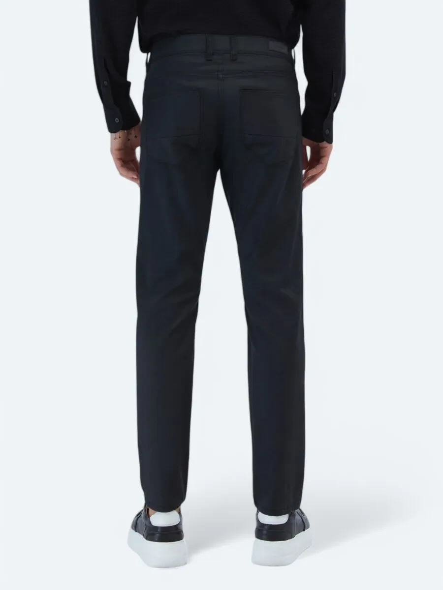 Siyah Düz Dokuma Slim Fit Casual Pamuk Karışımlı Pantolon - 4