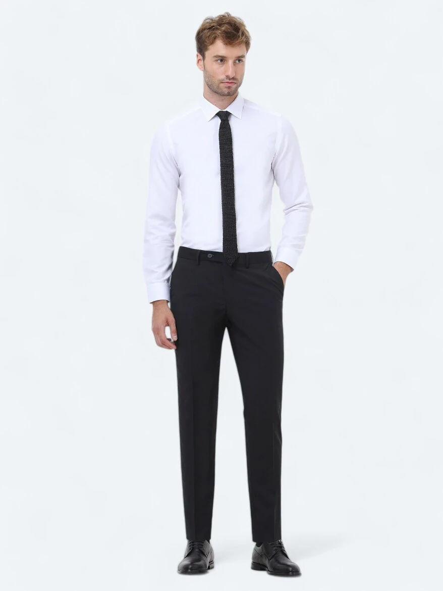 Siyah Düz Dokuma Slim Fit Klasik Yün Karışımlı Pantolon - 1