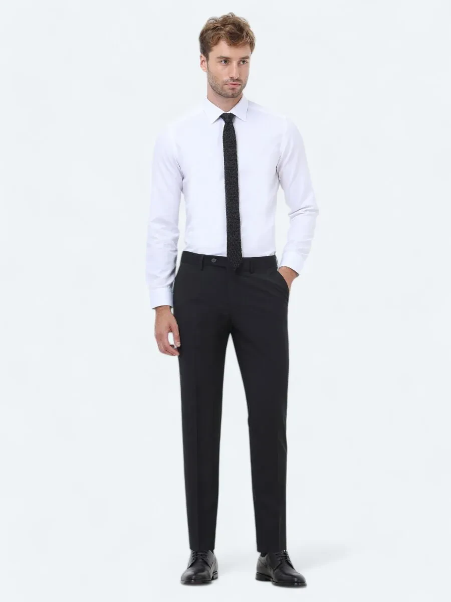 Siyah Düz Dokuma Slim Fit Klasik Yün Karışımlı Pantolon - 1