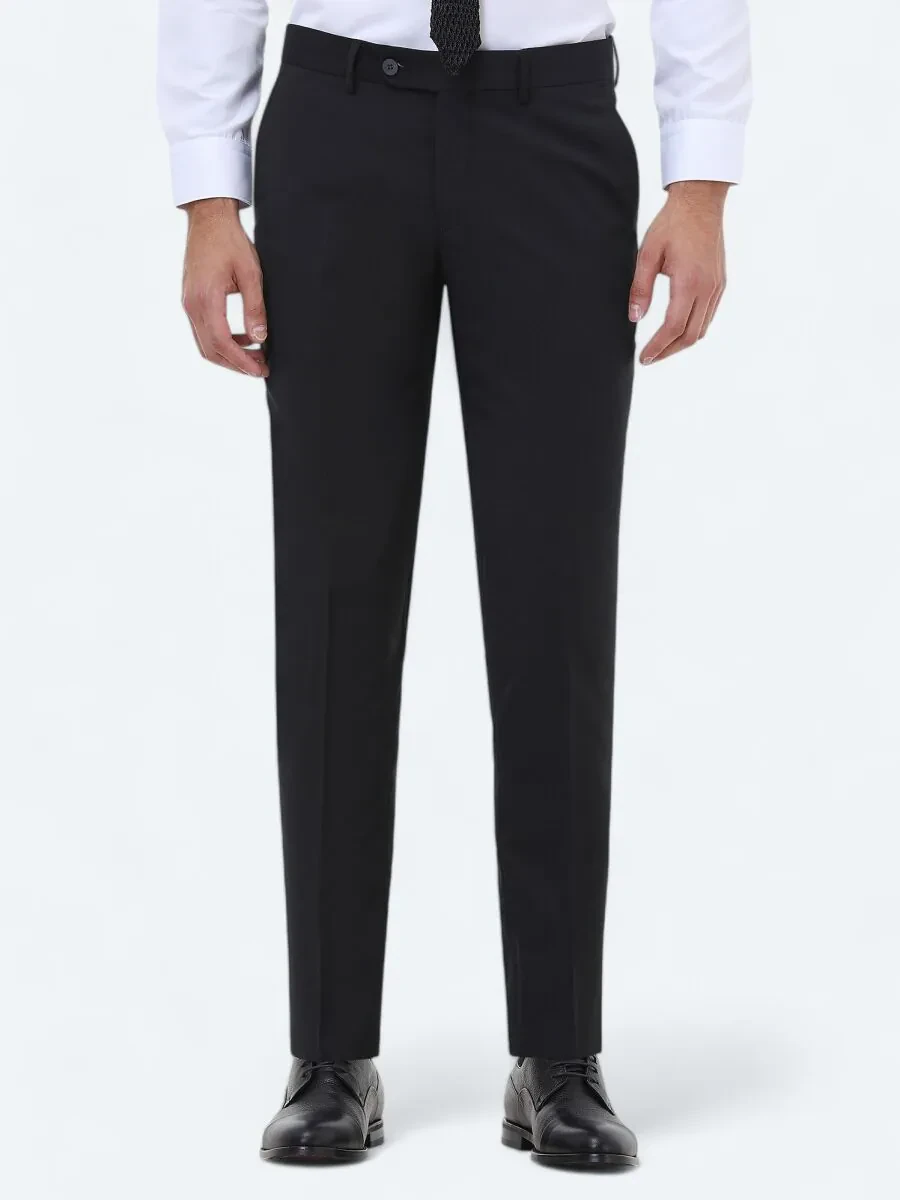 Siyah Düz Dokuma Slim Fit Klasik Yün Karışımlı Pantolon - 2