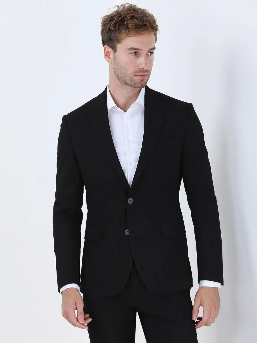 Siyah Düz Modern Fit Takım Elbise - 2