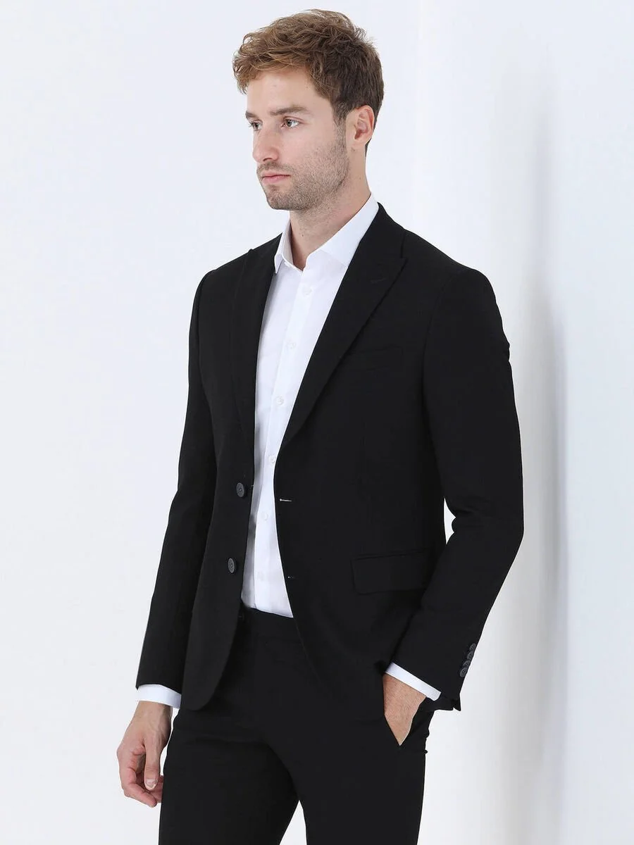 Siyah Düz Modern Fit Takım Elbise - 4