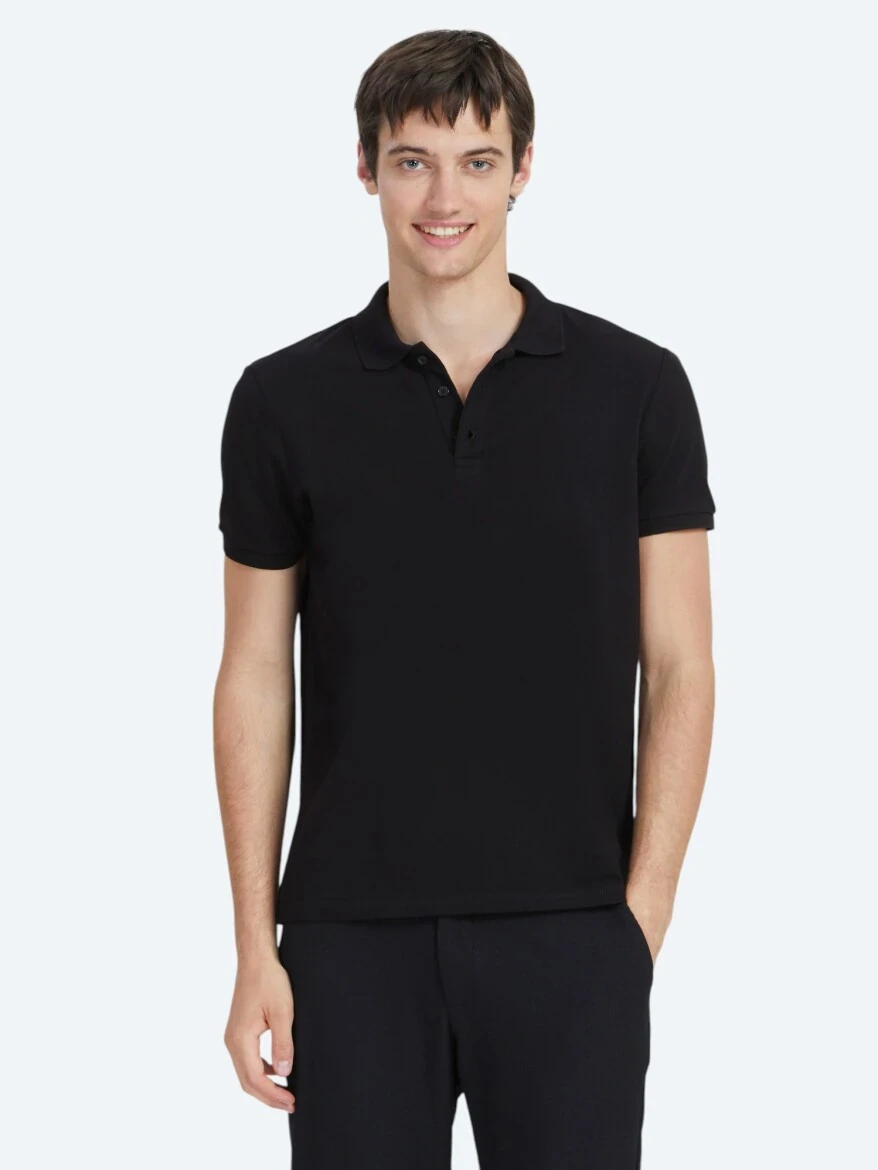 Siyah Düz Polo Yaka %100 Pamuk T-Shirt 
