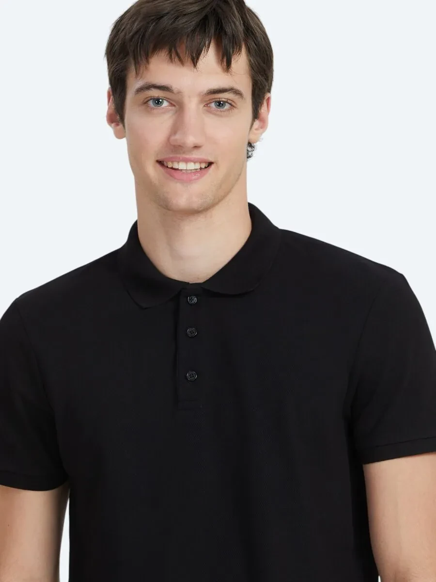Siyah Düz Polo Yaka %100 Pamuk T-Shirt - 3