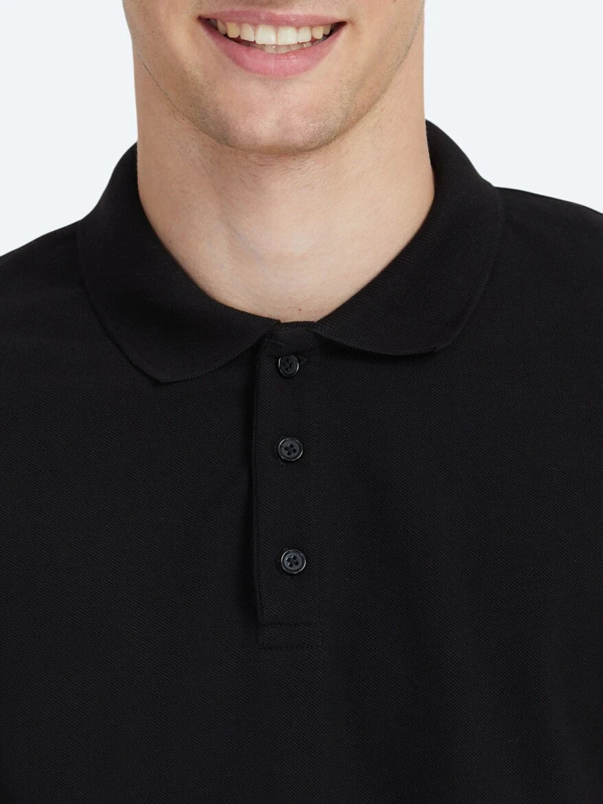 Siyah Düz Polo Yaka %100 Pamuk T-Shirt - 4