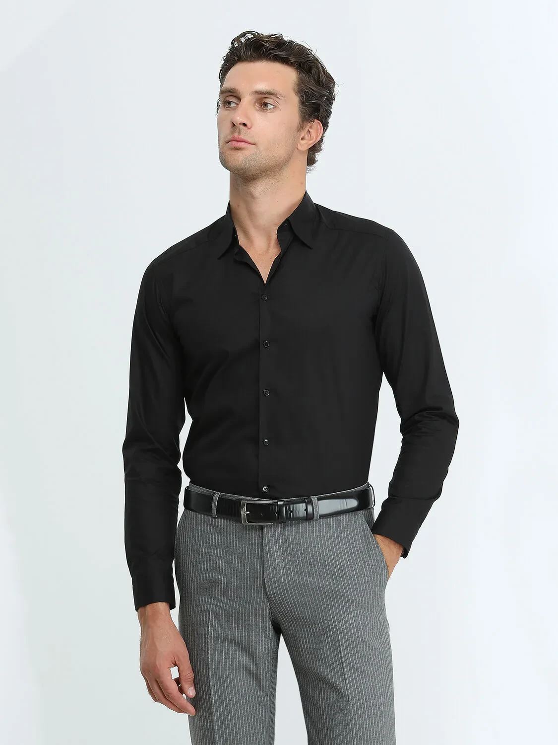 Siyah Düz Regular Fit Dokuma Casual %100 Pamuk Gömlek - 1