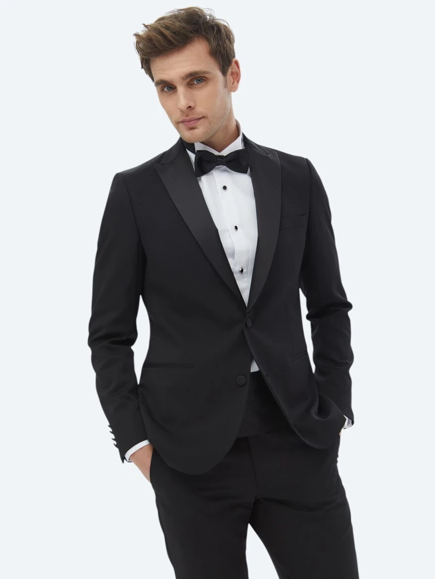 Siyah Düz Slim Fit Çıkarılabilir Kruvaze Yaka Dokuma Smokin Takım Elbise - 2