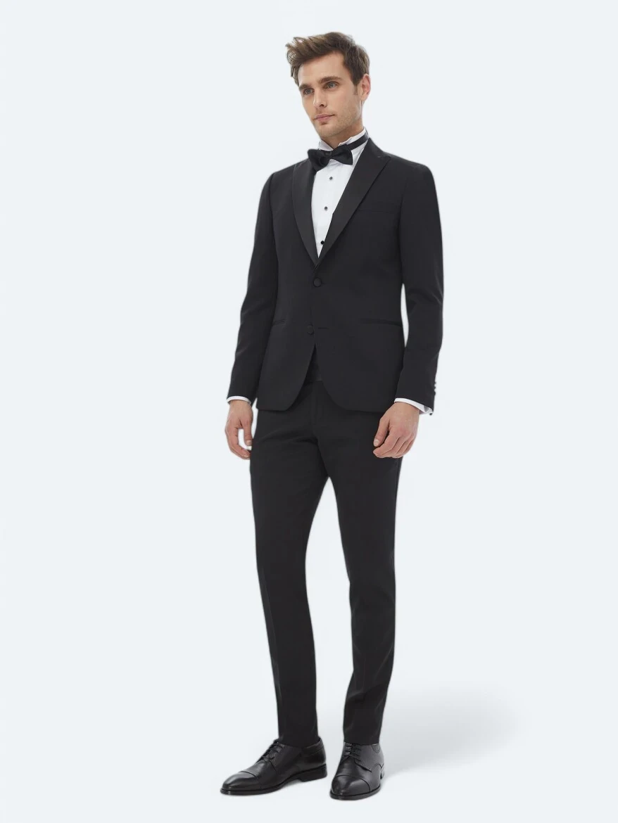 Siyah Düz Slim Fit Çıkarılabilir Kruvaze Yaka Dokuma Smokin Takım Elbise - 3