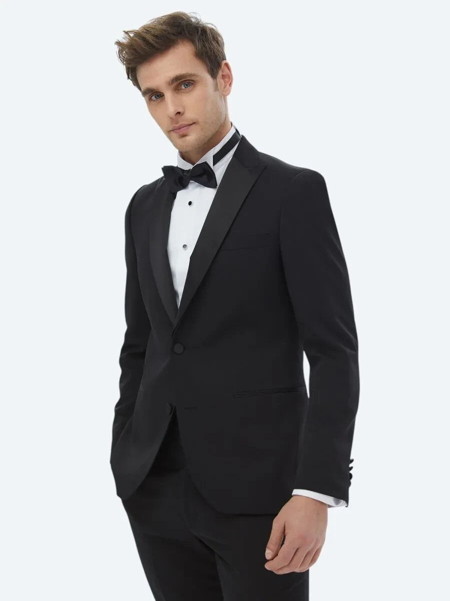 Siyah Düz Slim Fit Çıkarılabilir Kruvaze Yaka Dokuma Smokin Takım Elbise - 4