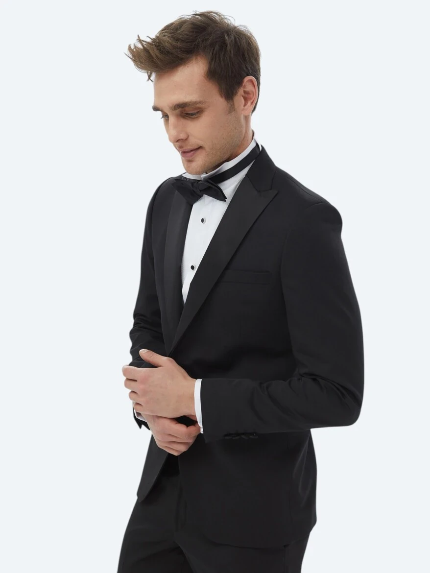 Siyah Düz Slim Fit Çıkarılabilir Kruvaze Yaka Dokuma Smokin Takım Elbise - 5