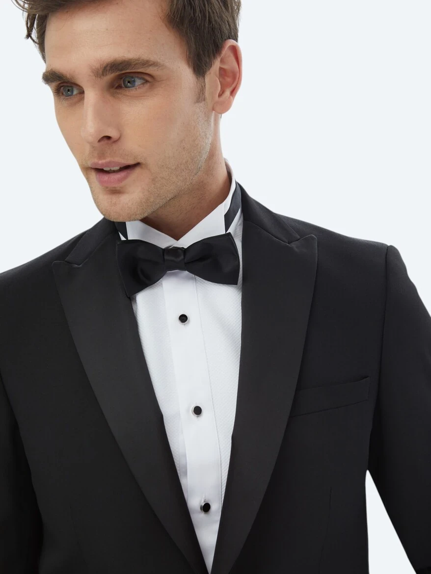 Siyah Düz Slim Fit Çıkarılabilir Kruvaze Yaka Dokuma Smokin Takım Elbise - 6