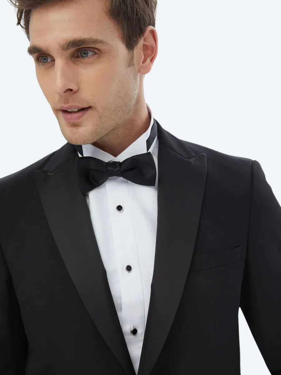 Siyah Düz Slim Fit Çıkarılabilir Kruvaze Yaka Dokuma Smokin Takım Elbise - 6