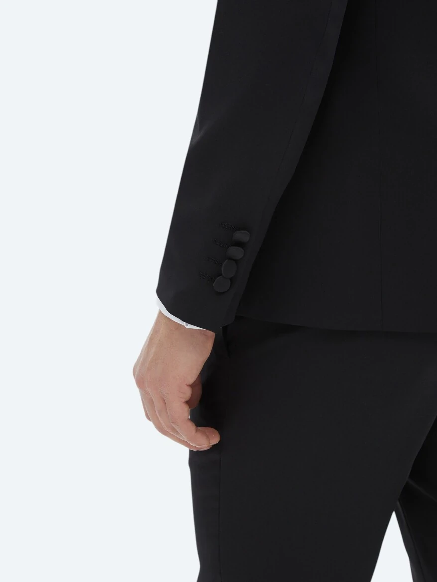 Siyah Düz Slim Fit Çıkarılabilir Kruvaze Yaka Dokuma Smokin Takım Elbise - 7