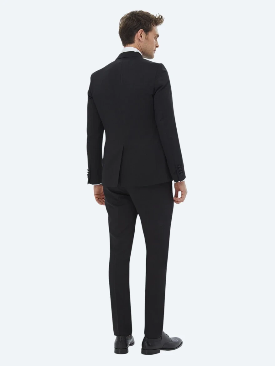 Siyah Düz Slim Fit Çıkarılabilir Kruvaze Yaka Dokuma Smokin Takım Elbise - 9