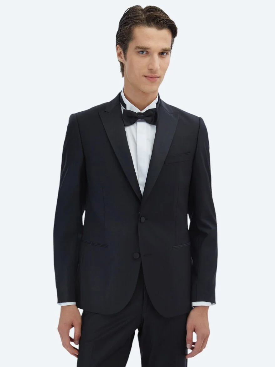 Siyah Düz Slim Fit Çıkarılabilir Kruvaze Yaka Prinç Smokin Takım Elbise - 1