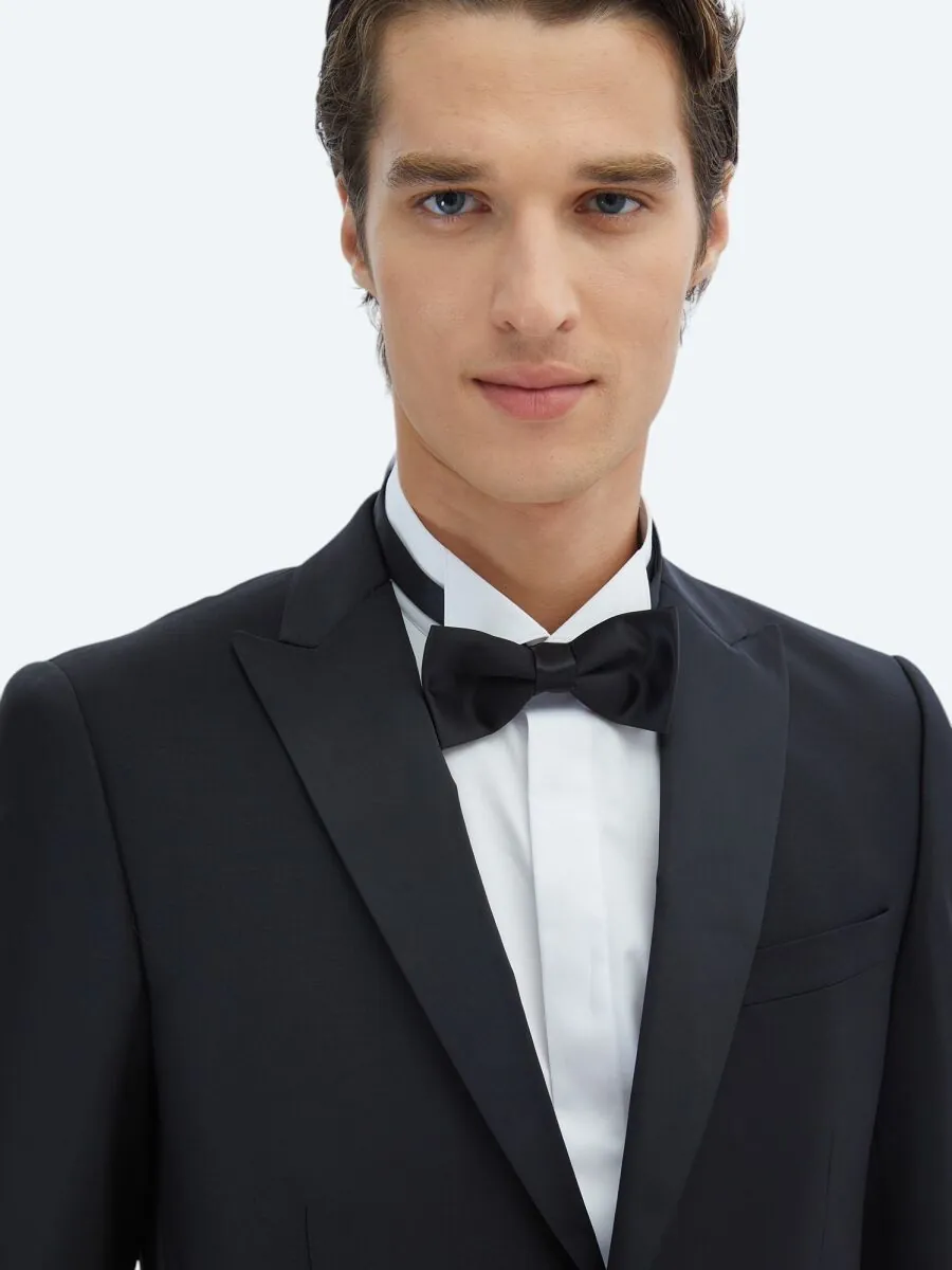 Siyah Düz Slim Fit Çıkarılabilir Kruvaze Yaka Prinç Smokin Takım Elbise - 3