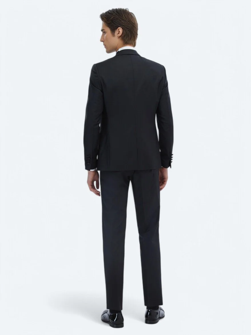 Siyah Düz Slim Fit Çıkarılabilir Kruvaze Yaka Prinç Smokin Takım Elbise - 5