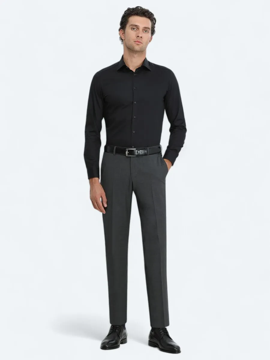 Siyah Düz Slim Fit Dokuma Klasik %100 Pamuk Gömlek - 2