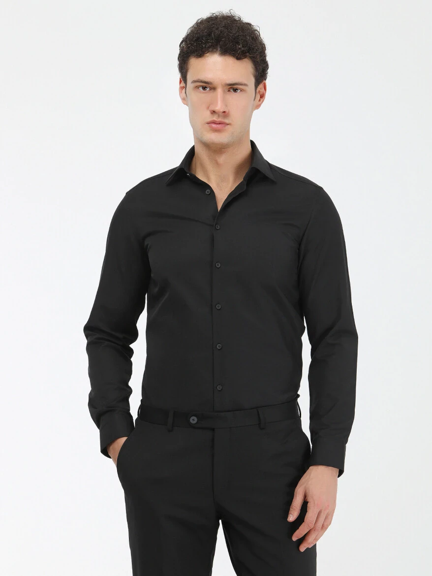 Siyah Düz Slim Fit Dokuma Klasik Pamuk Karışımlı Gömlek - 1