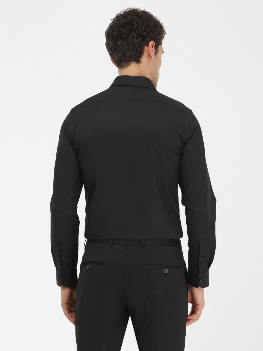Siyah Düz Slim Fit Dokuma Klasik Pamuk Karışımlı Gömlek 