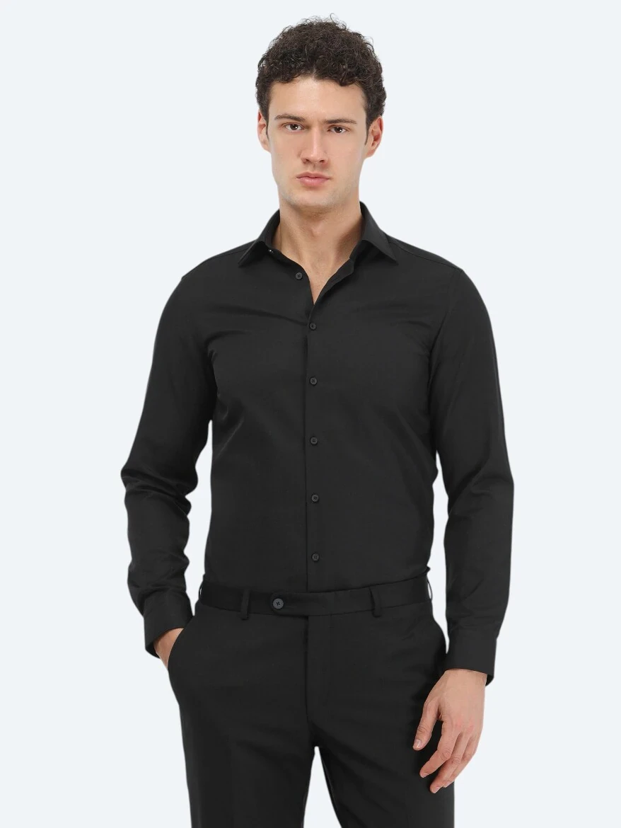 Siyah Düz Slim Fit Dokuma Klasik Pamuk Karışımlı Gömlek 