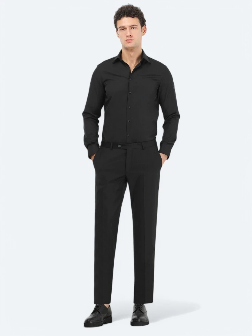 Siyah Düz Slim Fit Dokuma Klasik Pamuk Karışımlı Gömlek - 2