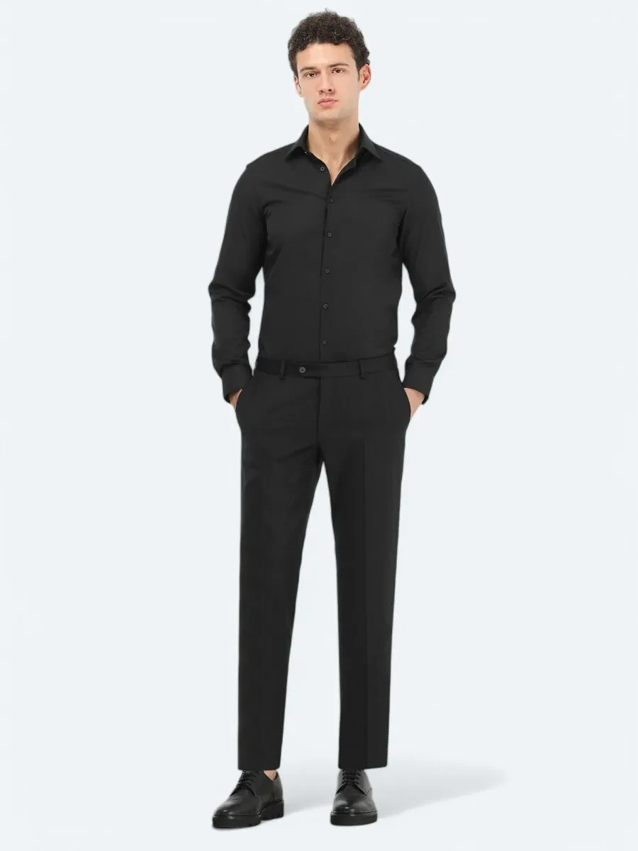 Siyah Düz Slim Fit Dokuma Klasik Pamuk Karışımlı Gömlek - 2