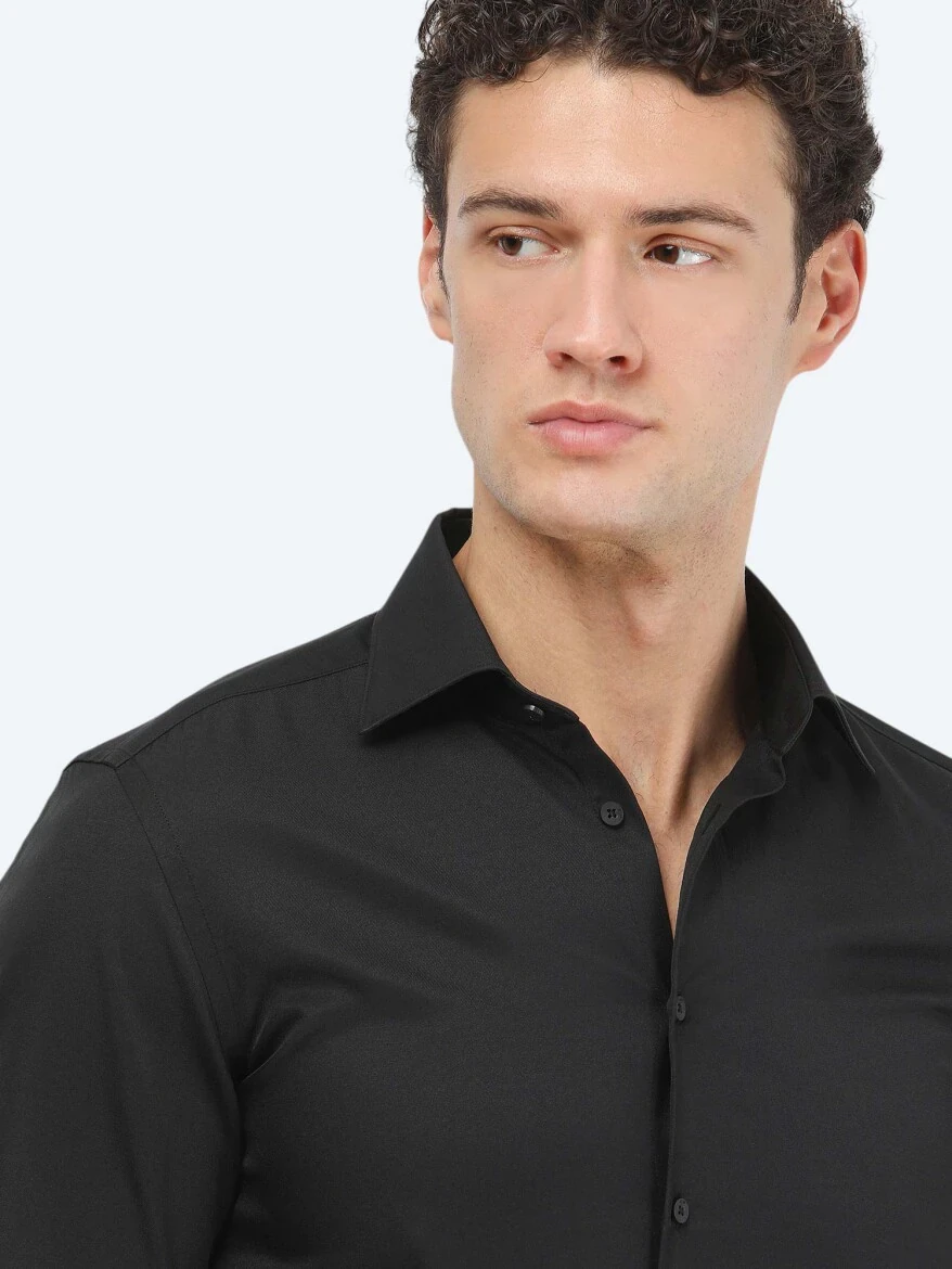 Siyah Düz Slim Fit Dokuma Klasik Pamuk Karışımlı Gömlek - 3