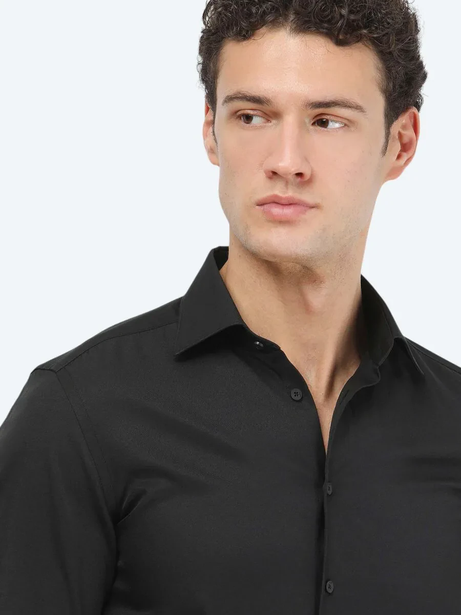 Siyah Düz Slim Fit Dokuma Klasik Pamuk Karışımlı Gömlek - 3